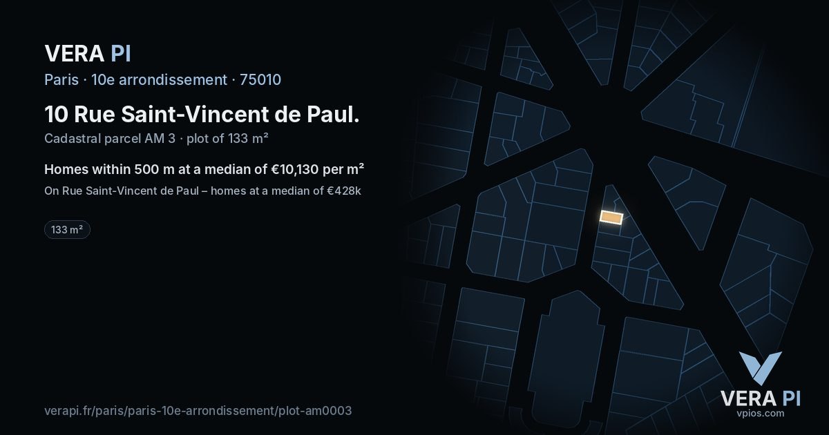 10 Rue Saint-Vincent de Paul, 10e arrondissement at night – the plot lit, the parcels around coloured by the prices near them