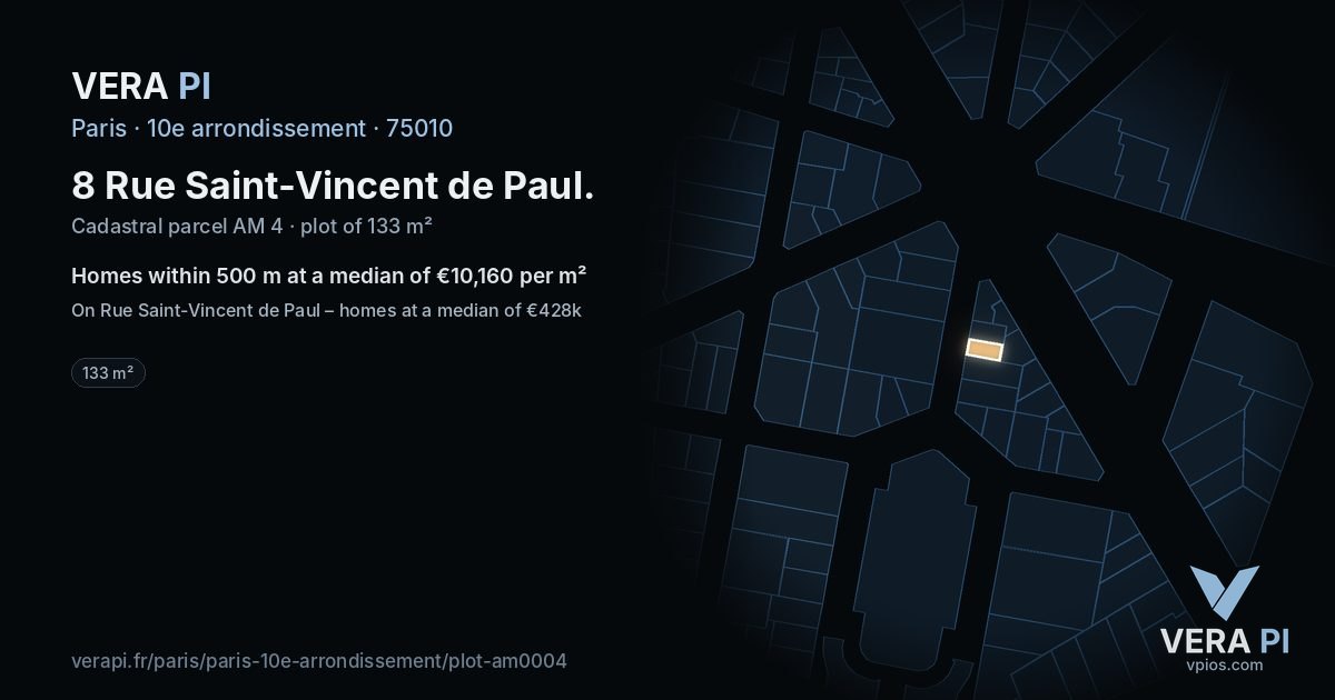 8 Rue Saint-Vincent de Paul, 10e arrondissement at night – the plot lit, the parcels around coloured by the prices near them