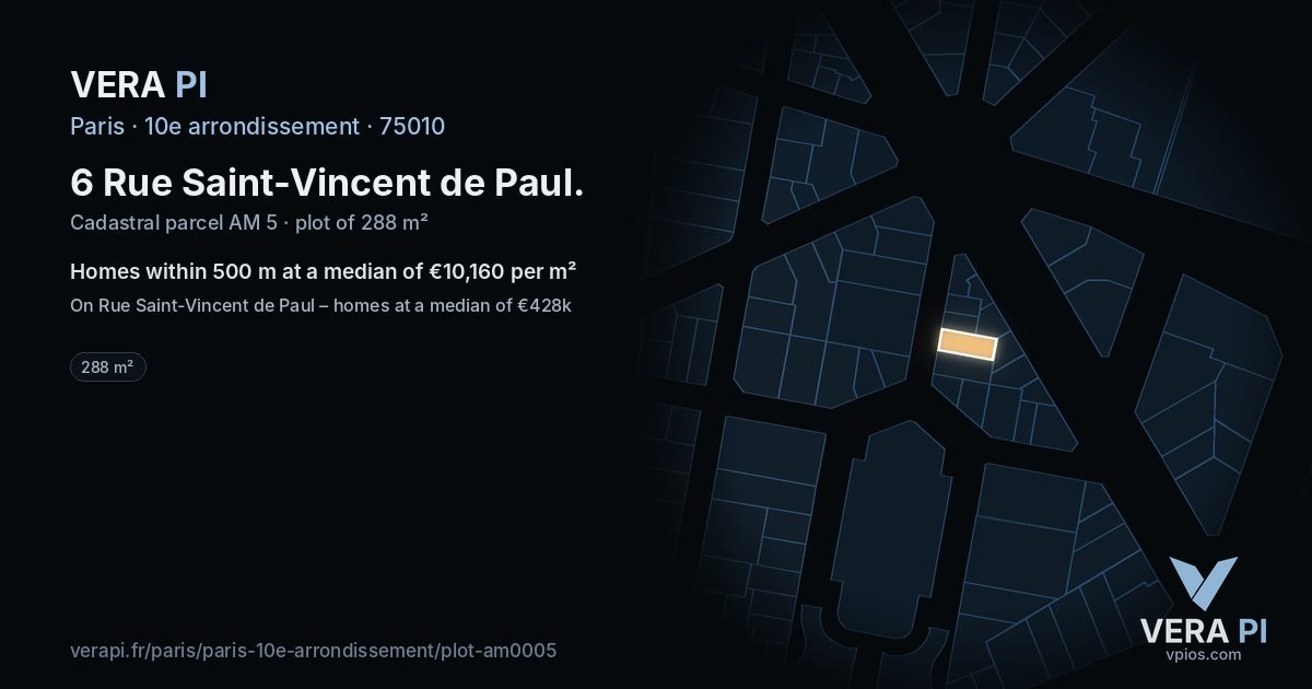 6 Rue Saint-Vincent de Paul, 10e arrondissement at night – the plot lit, the parcels around coloured by the prices near them