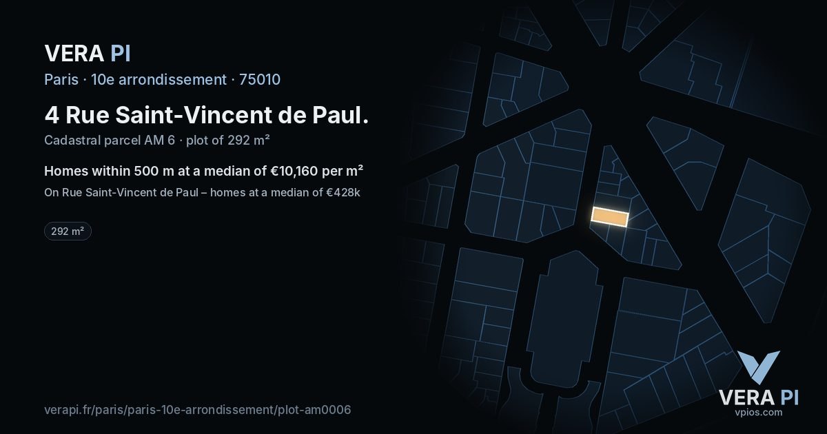 4 Rue Saint-Vincent de Paul, 10e arrondissement at night – the plot lit, the parcels around coloured by the prices near them