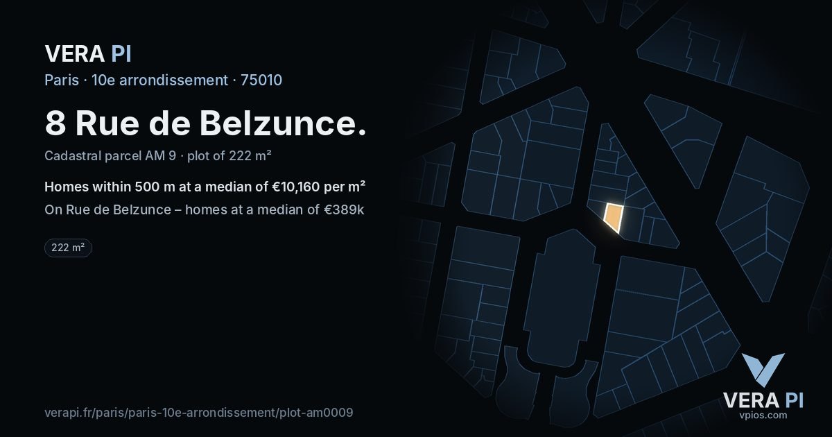8 Rue de Belzunce, 10e arrondissement at night – the plot lit, the parcels around coloured by the prices near them