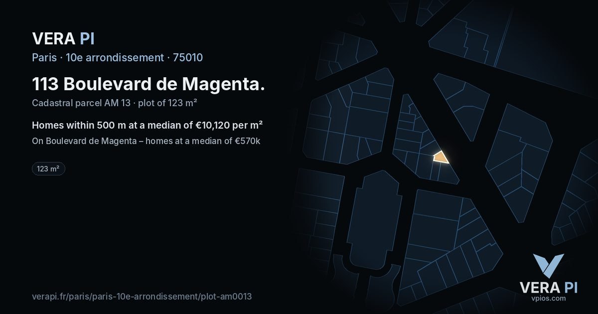 113 Boulevard de Magenta, 10e arrondissement at night – the plot lit, the parcels around coloured by the prices near them