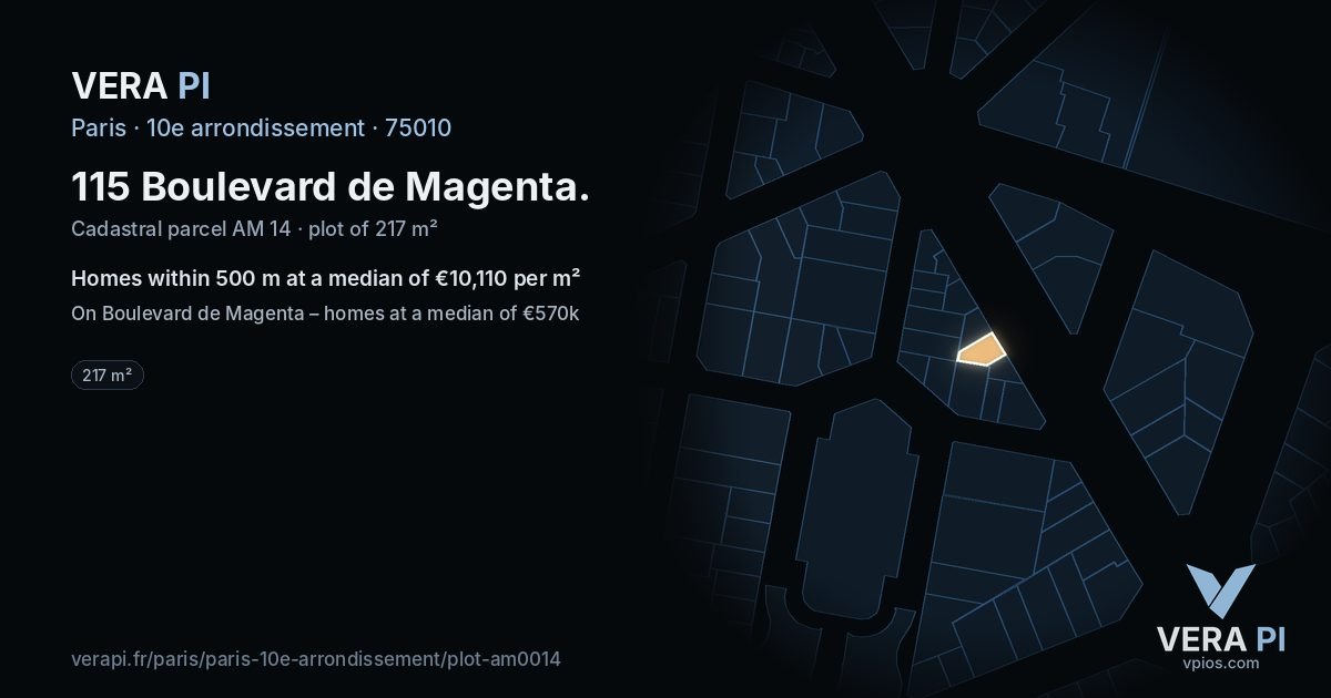 115 Boulevard de Magenta, 10e arrondissement at night – the plot lit, the parcels around coloured by the prices near them