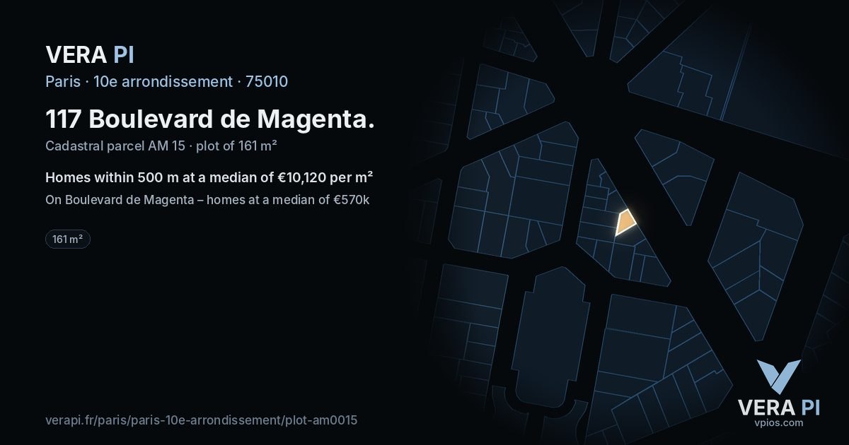 117 Boulevard de Magenta, 10e arrondissement at night – the plot lit, the parcels around coloured by the prices near them