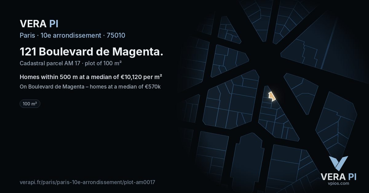 121 Boulevard de Magenta, 10e arrondissement at night – the plot lit, the parcels around coloured by the prices near them