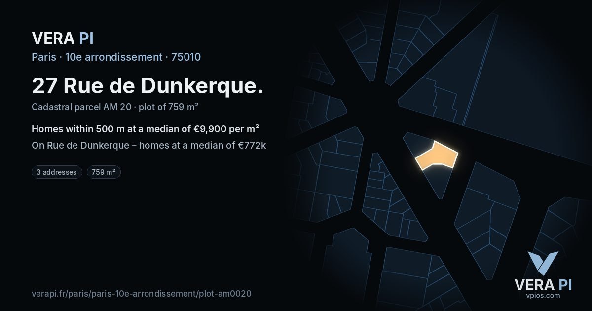 27 Rue de Dunkerque, 10e arrondissement at night – the plot lit, the parcels around coloured by the prices near them
