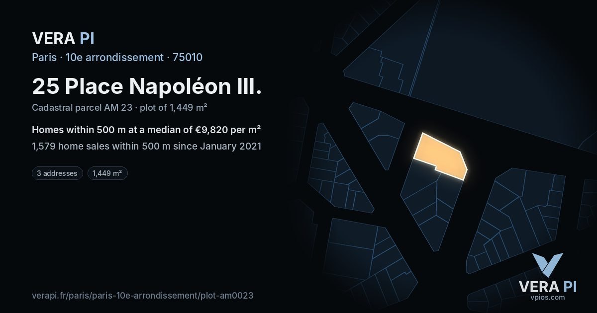 25 Place Napoléon III, 10e arrondissement at night – the plot lit, the parcels around coloured by the prices near them