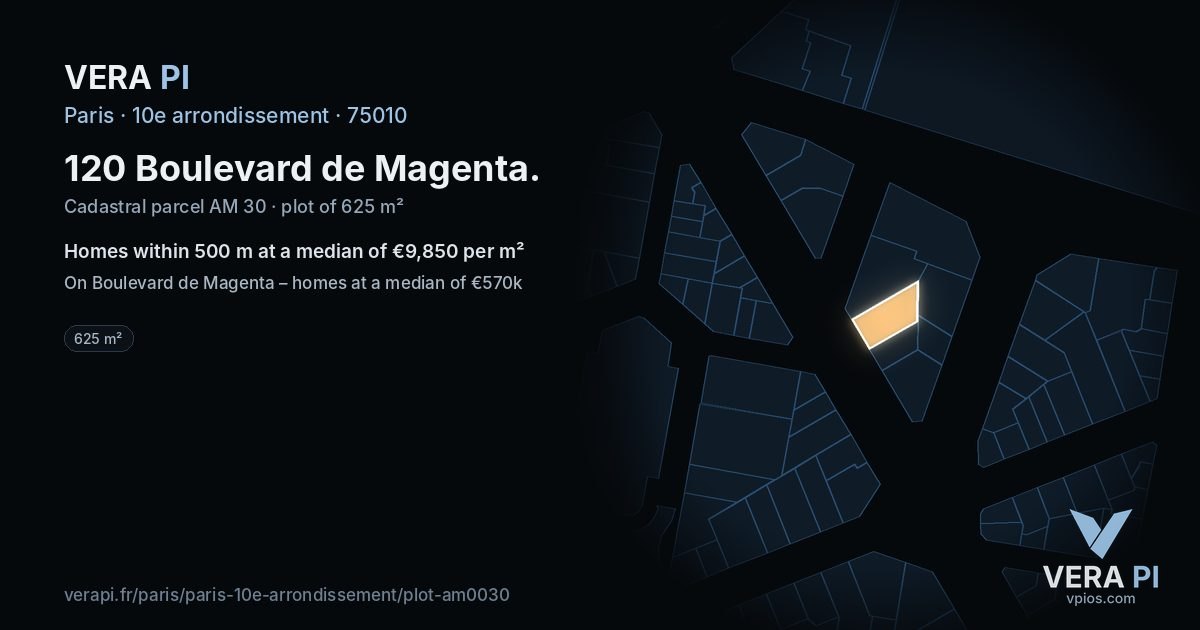 120 Boulevard de Magenta, 10e arrondissement at night – the plot lit, the parcels around coloured by the prices near them