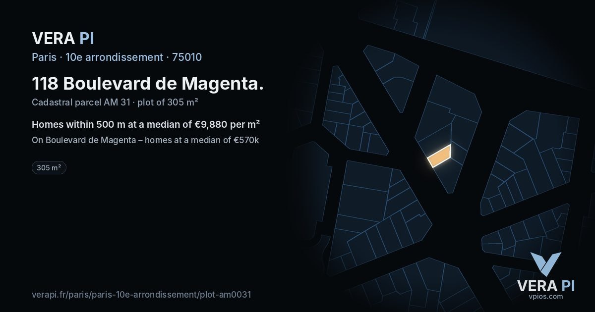 118 Boulevard de Magenta, 10e arrondissement at night – the plot lit, the parcels around coloured by the prices near them