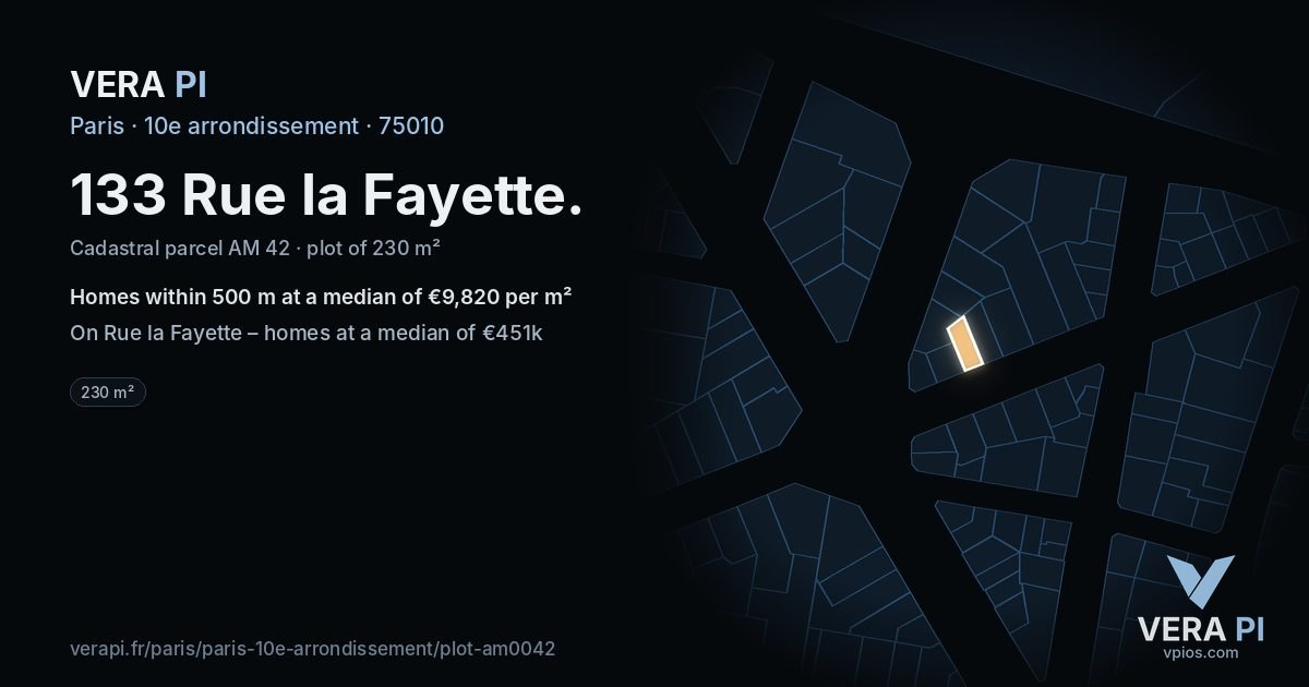 133 Rue la Fayette, 10e arrondissement at night – the plot lit, the parcels around coloured by the prices near them
