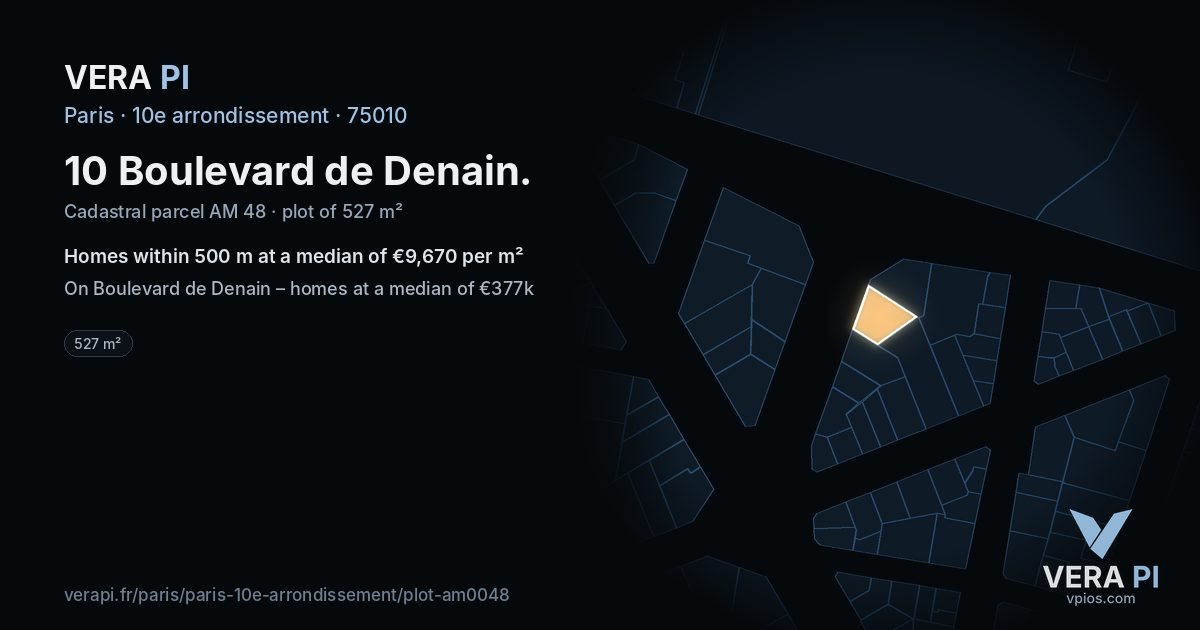10 Boulevard de Denain, 10e arrondissement at night – the plot lit, the parcels around coloured by the prices near them