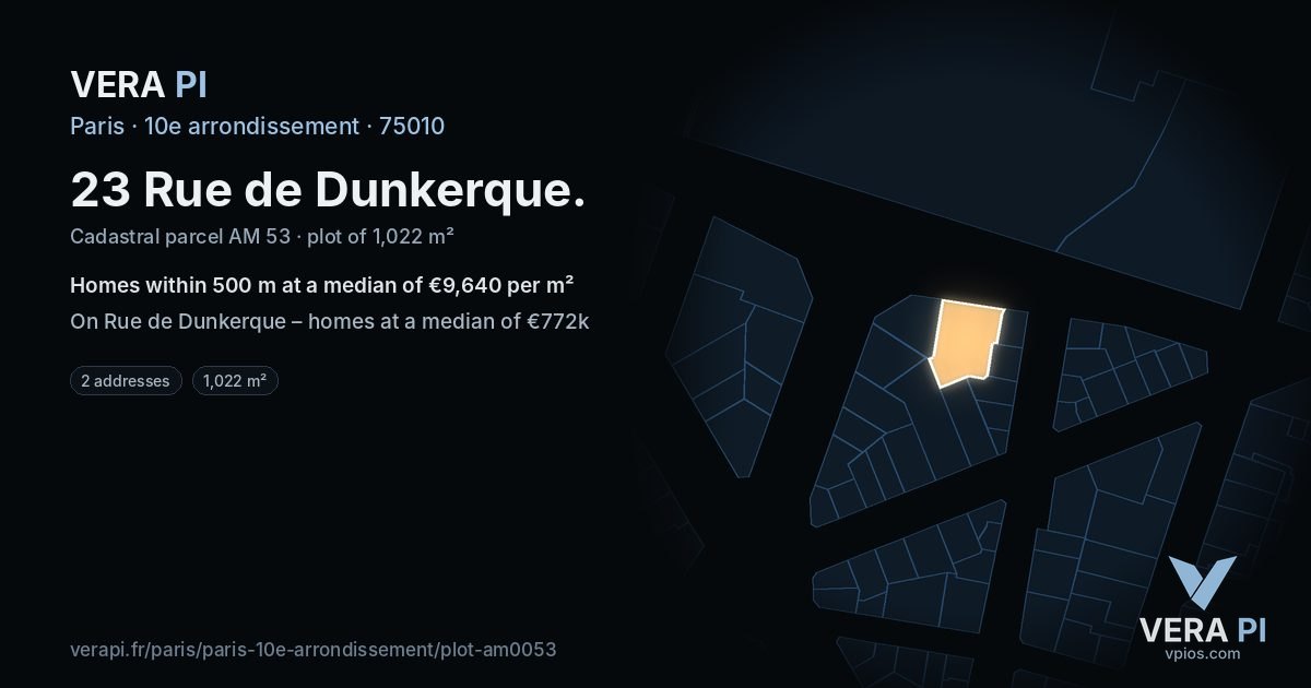 23 Rue de Dunkerque, 10e arrondissement at night – the plot lit, the parcels around coloured by the prices near them