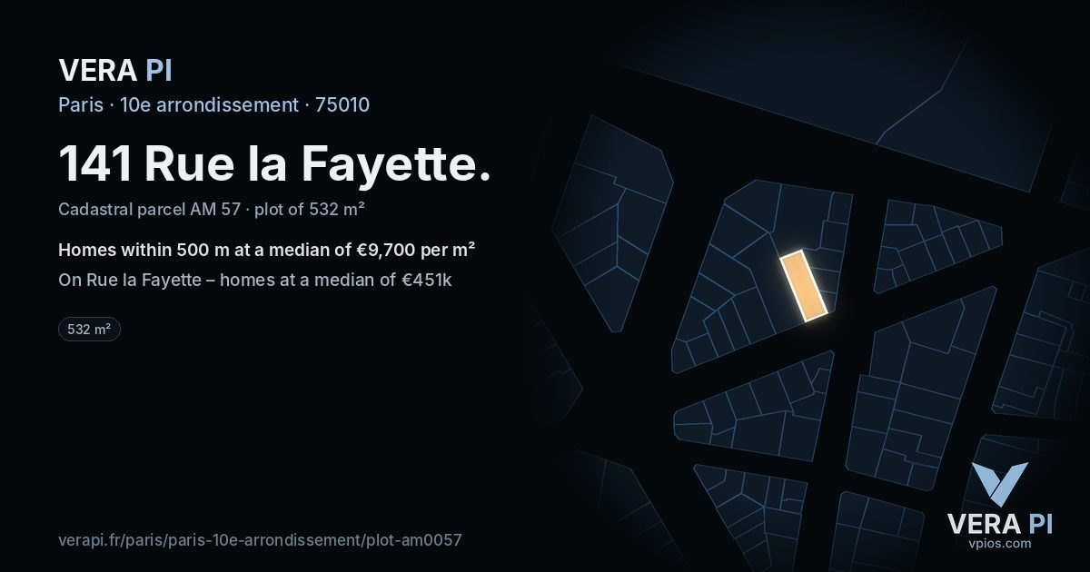 141 Rue la Fayette, 10e arrondissement at night – the plot lit, the parcels around coloured by the prices near them