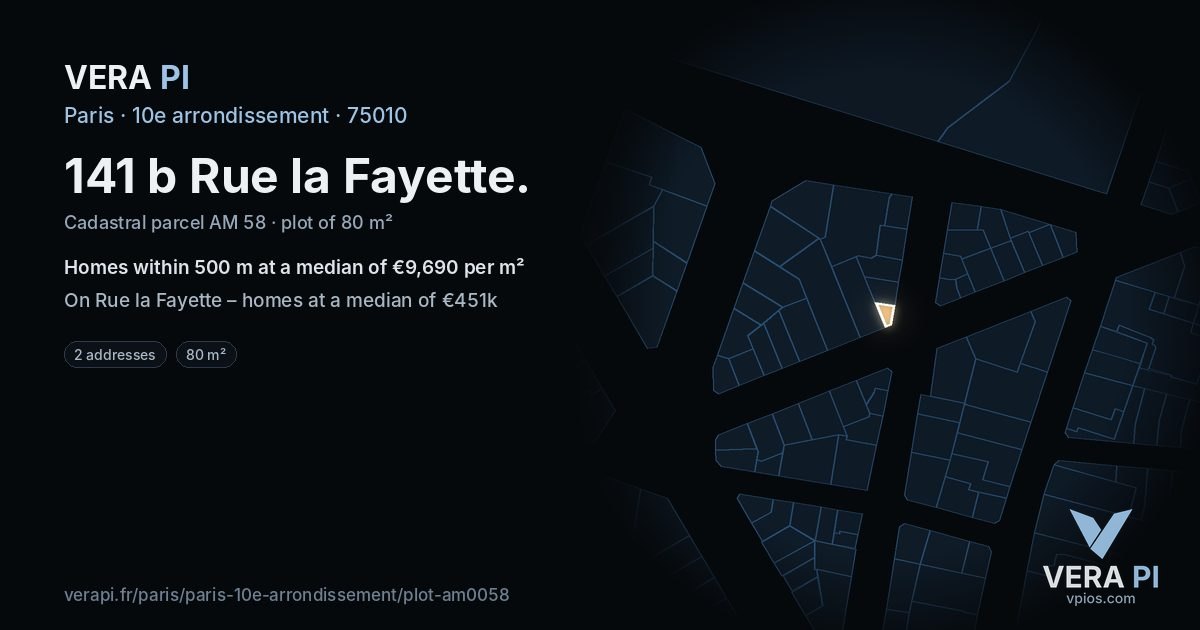 141 b Rue la Fayette, 10e arrondissement at night – the plot lit, the parcels around coloured by the prices near them