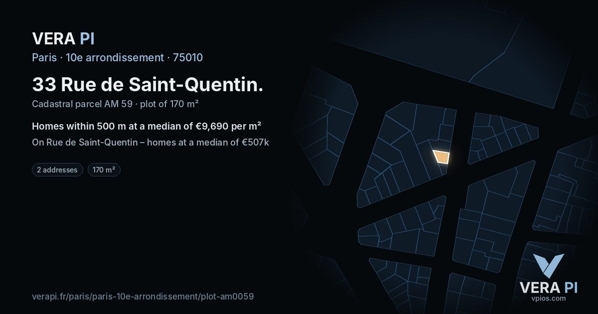 33 Rue de Saint-Quentin, 10e arrondissement at night – the plot lit, the parcels around coloured by the prices near them