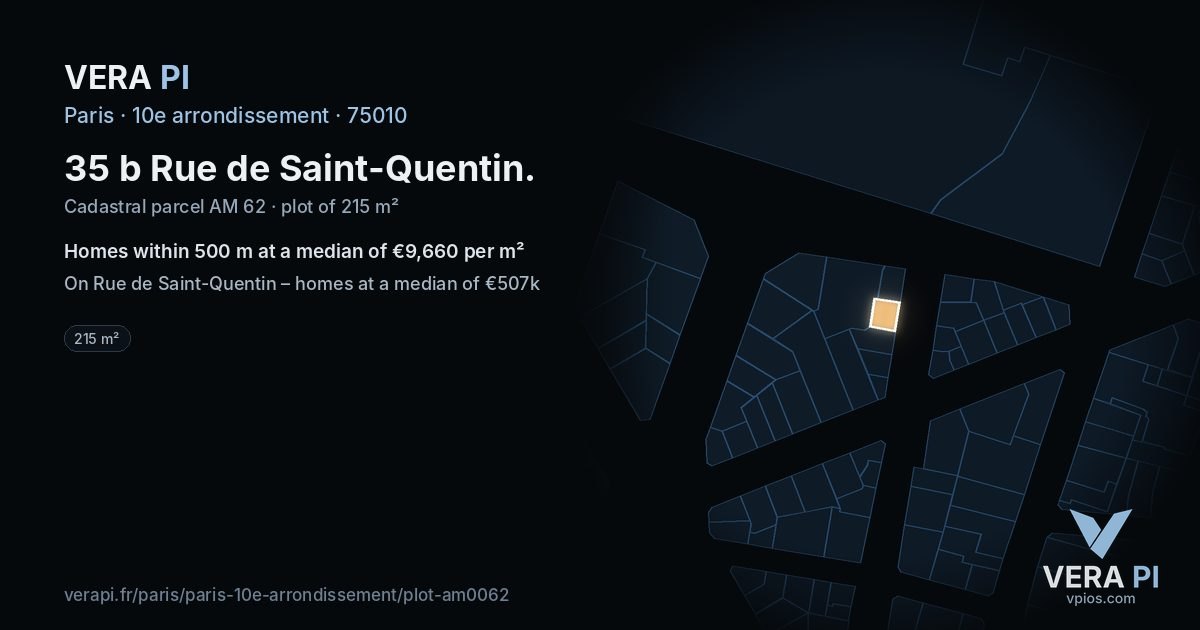 35 b Rue de Saint-Quentin, 10e arrondissement at night – the plot lit, the parcels around coloured by the prices near them