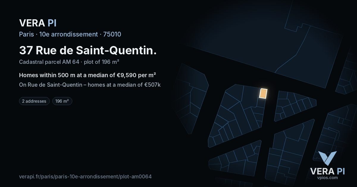 37 Rue de Saint-Quentin, 10e arrondissement at night – the plot lit, the parcels around coloured by the prices near them