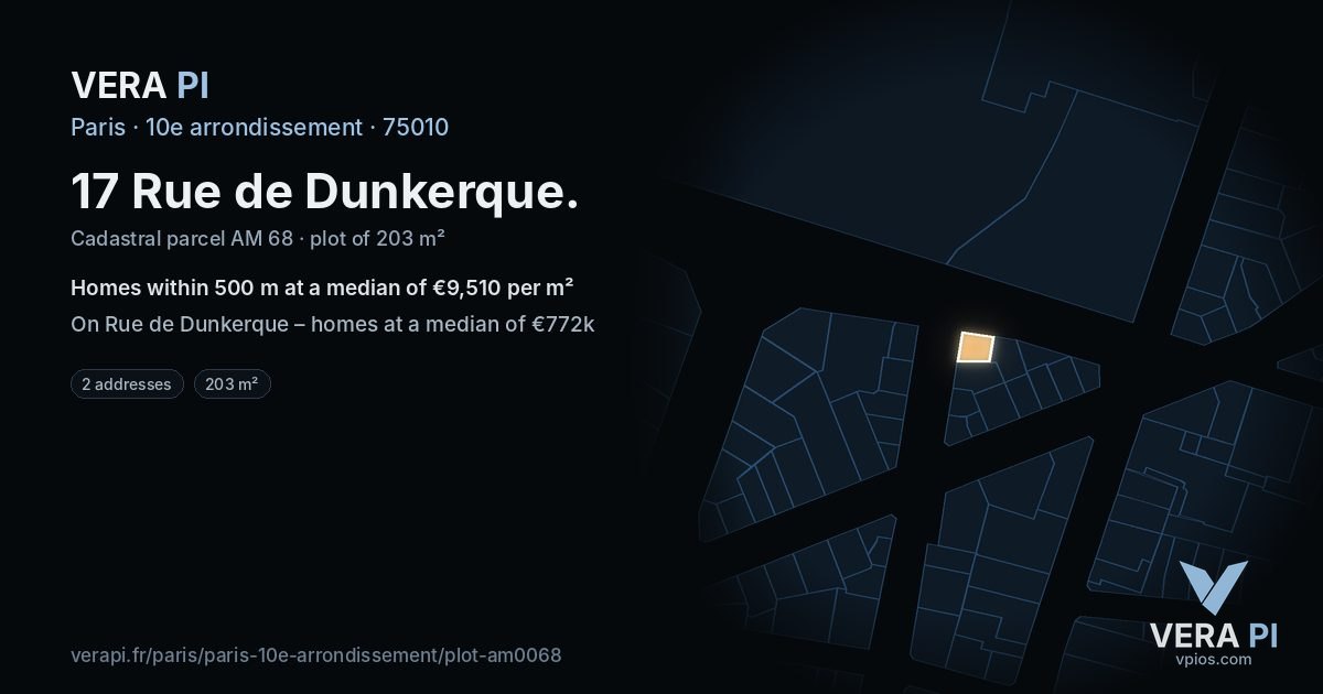 17 Rue de Dunkerque, 10e arrondissement at night – the plot lit, the parcels around coloured by the prices near them