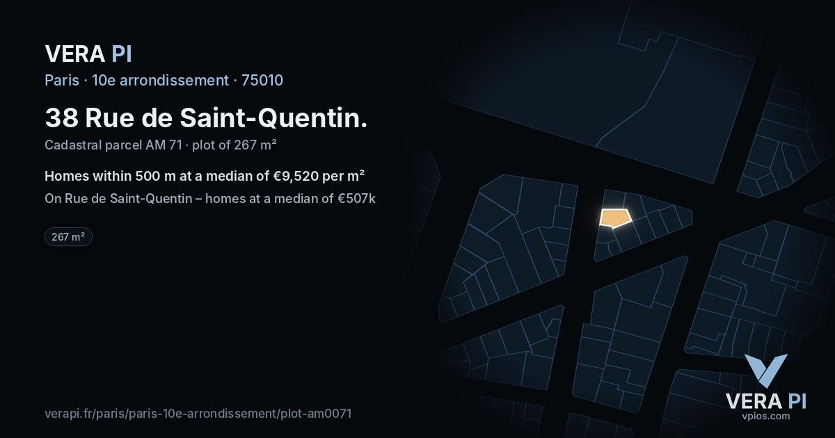 38 Rue de Saint-Quentin, 10e arrondissement at night – the plot lit, the parcels around coloured by the prices near them
