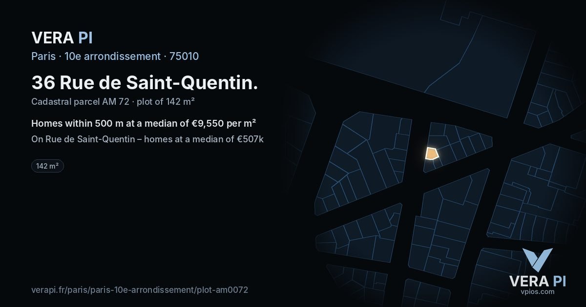 36 Rue de Saint-Quentin, 10e arrondissement at night – the plot lit, the parcels around coloured by the prices near them
