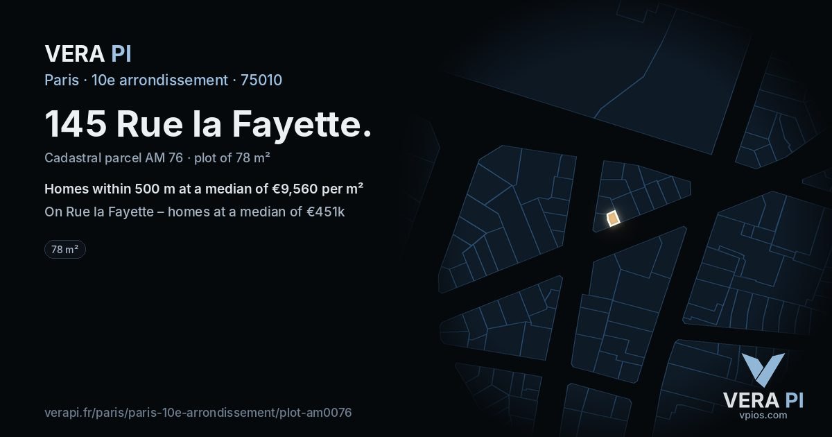 145 Rue la Fayette, 10e arrondissement at night – the plot lit, the parcels around coloured by the prices near them