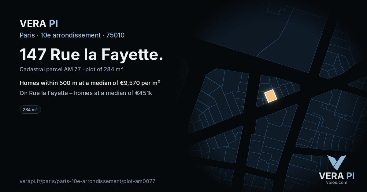 147 Rue la Fayette, 10e arrondissement at night – the plot lit, the parcels around coloured by the prices near them