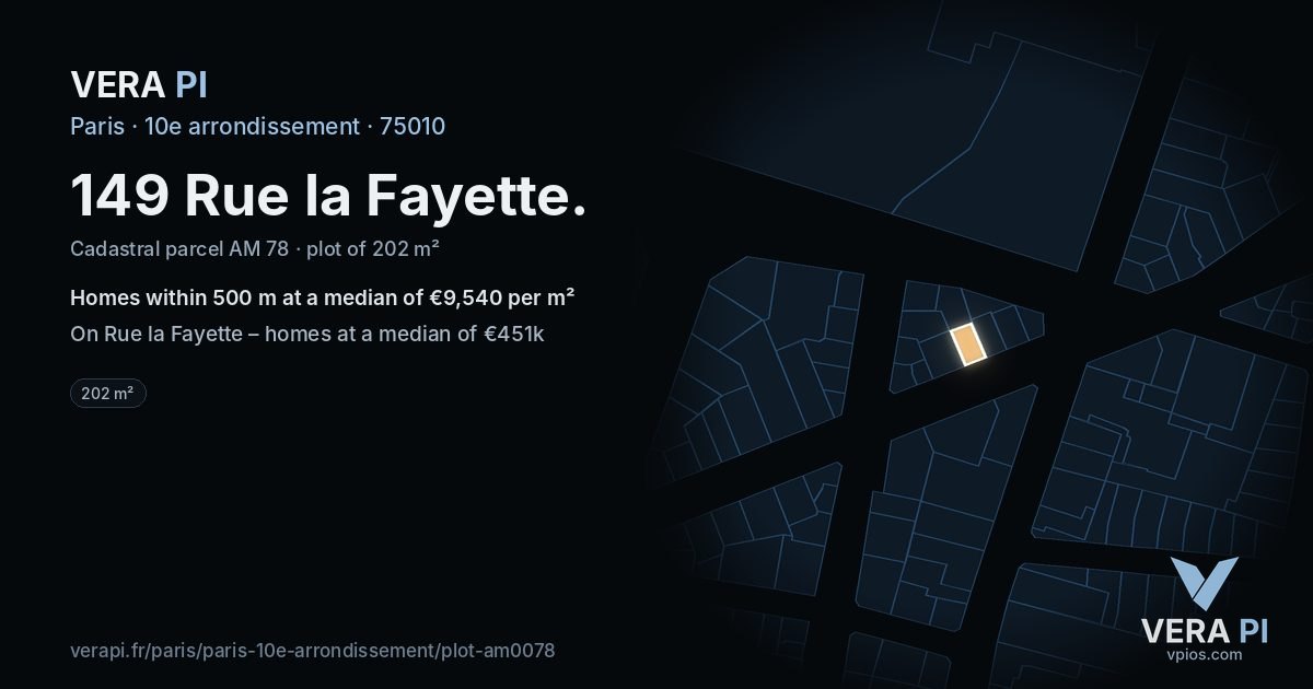149 Rue la Fayette, 10e arrondissement at night – the plot lit, the parcels around coloured by the prices near them