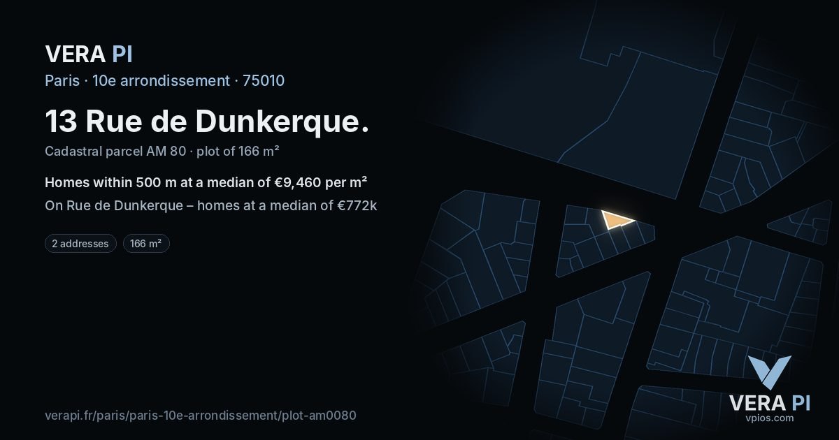 13 Rue de Dunkerque, 10e arrondissement at night – the plot lit, the parcels around coloured by the prices near them