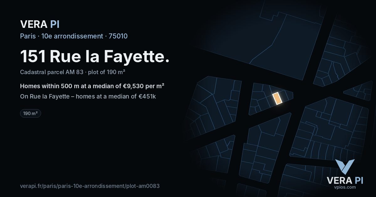 151 Rue la Fayette, 10e arrondissement at night – the plot lit, the parcels around coloured by the prices near them