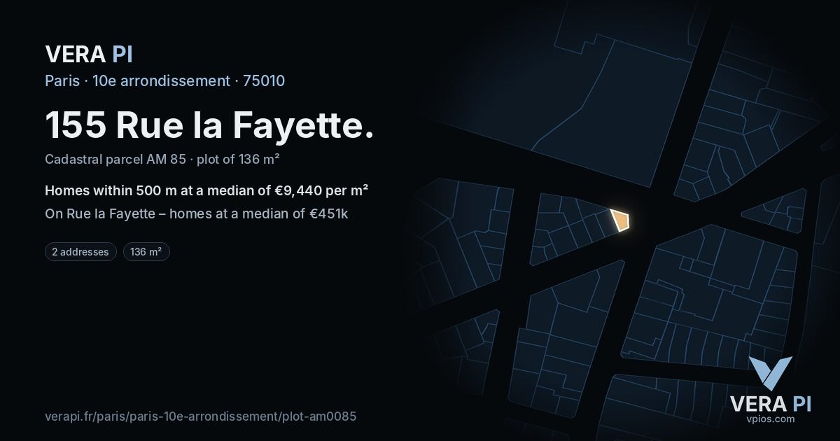 155 Rue la Fayette, 10e arrondissement at night – the plot lit, the parcels around coloured by the prices near them
