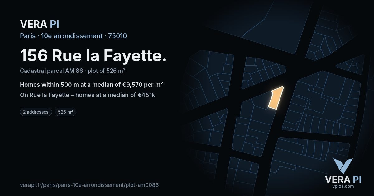 156 Rue la Fayette, 10e arrondissement at night – the plot lit, the parcels around coloured by the prices near them