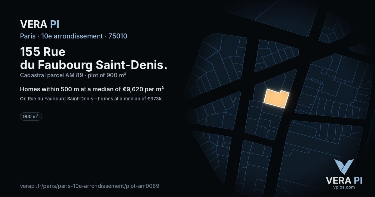 155 Rue du Faubourg Saint-Denis, 10e arrondissement at night – the plot lit, the parcels around coloured by the prices near them