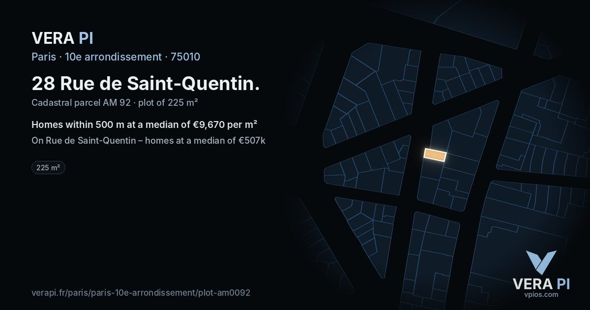 28 Rue de Saint-Quentin, 10e arrondissement at night – the plot lit, the parcels around coloured by the prices near them