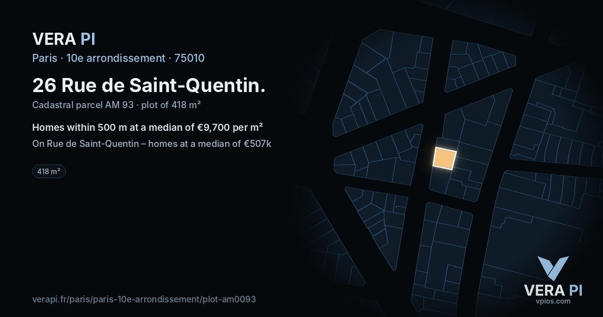 26 Rue de Saint-Quentin, 10e arrondissement at night – the plot lit, the parcels around coloured by the prices near them