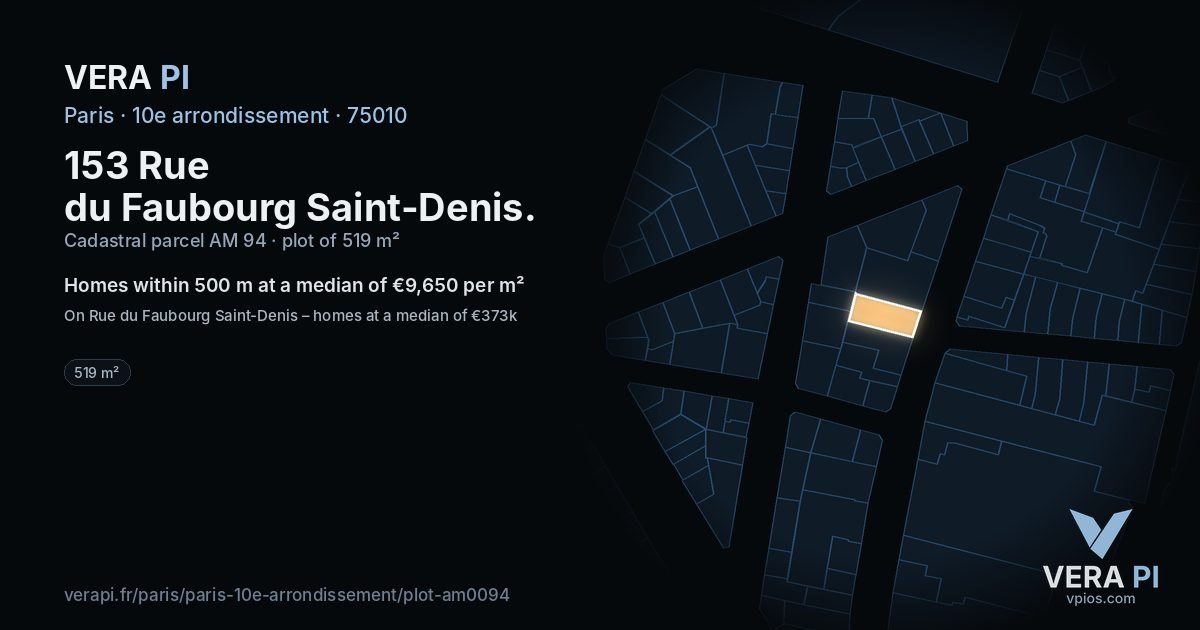153 Rue du Faubourg Saint-Denis, 10e arrondissement at night – the plot lit, the parcels around coloured by the prices near them