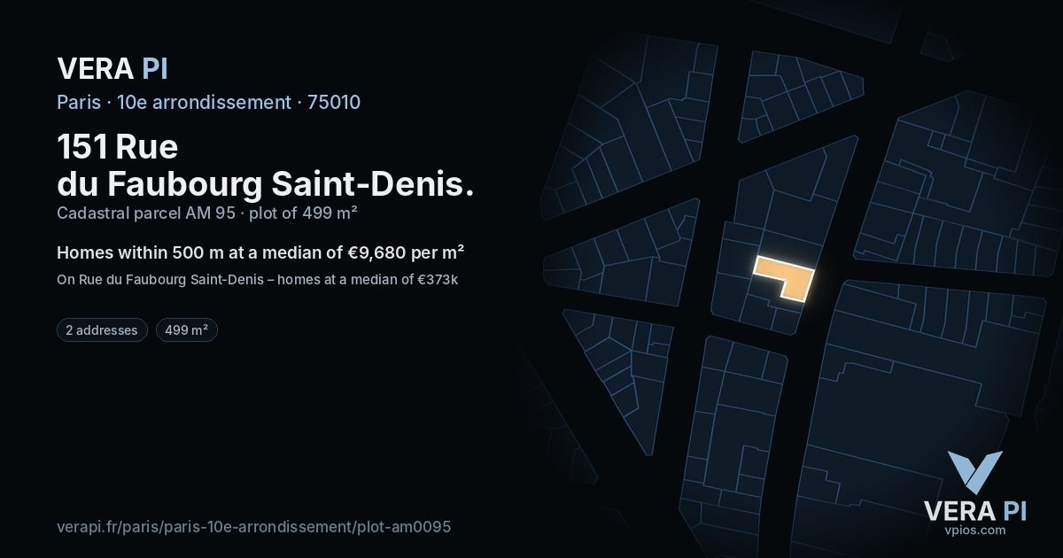 151 Rue du Faubourg Saint-Denis, 10e arrondissement at night – the plot lit, the parcels around coloured by the prices near them