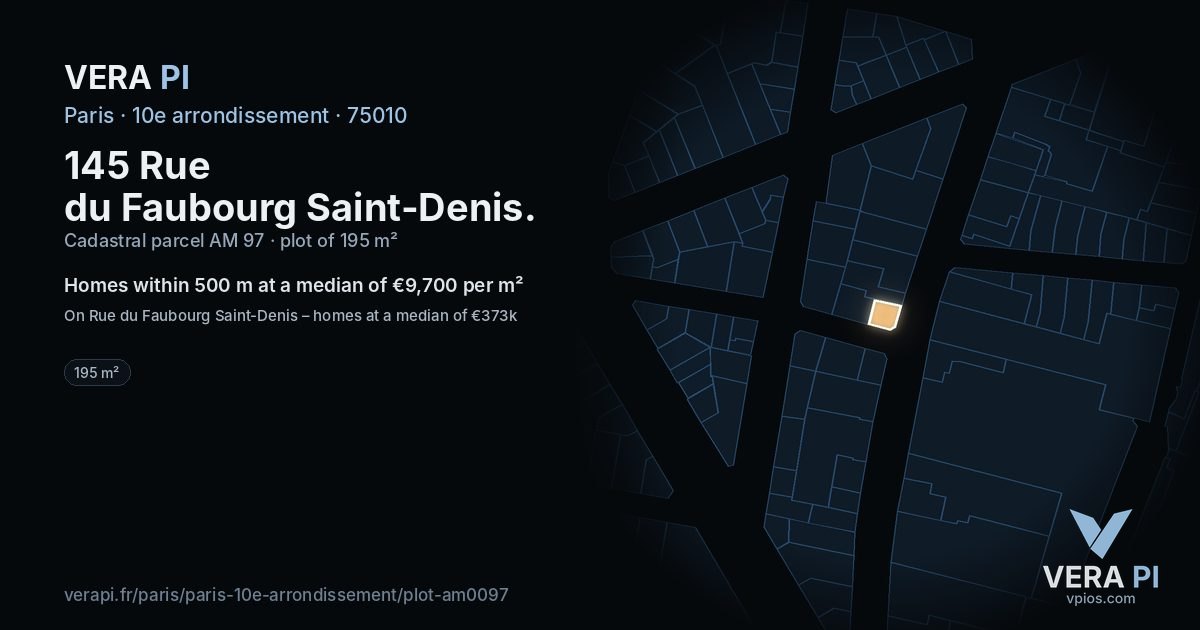 145 Rue du Faubourg Saint-Denis, 10e arrondissement at night – the plot lit, the parcels around coloured by the prices near them