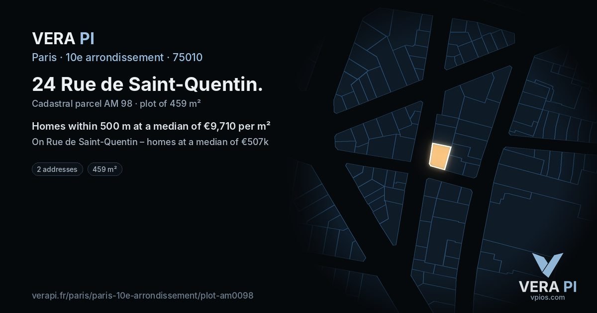24 Rue de Saint-Quentin, 10e arrondissement at night – the plot lit, the parcels around coloured by the prices near them