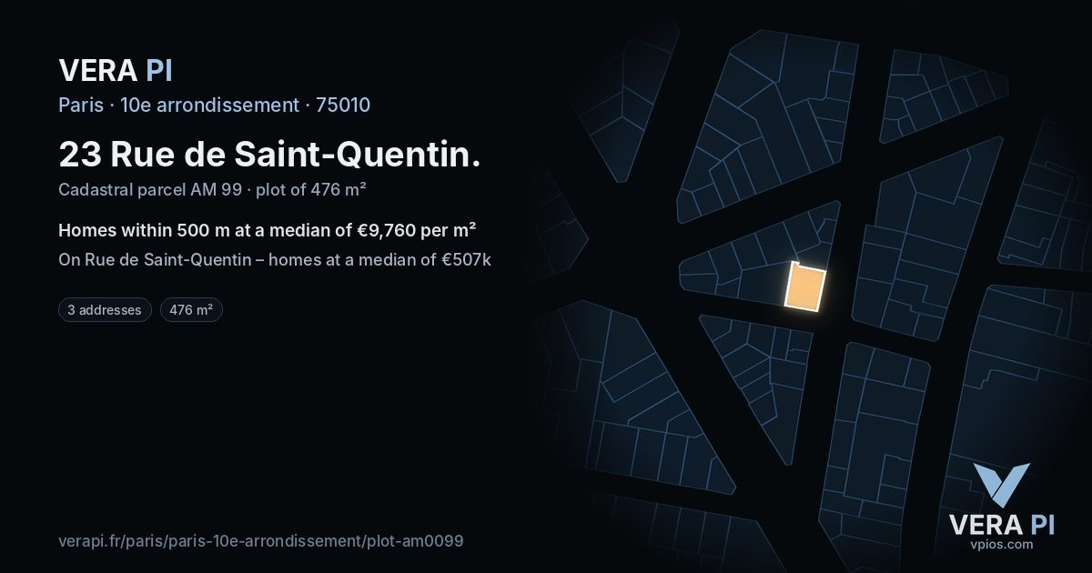 23 Rue de Saint-Quentin, 10e arrondissement at night – the plot lit, the parcels around coloured by the prices near them