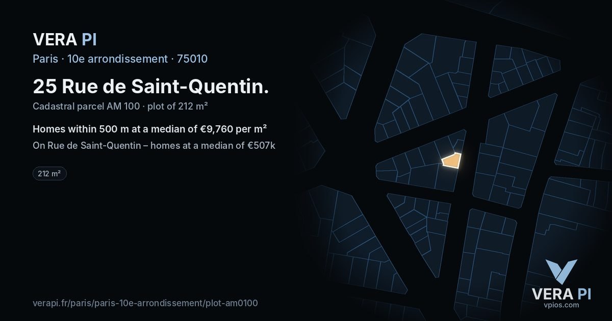 25 Rue de Saint-Quentin, 10e arrondissement at night – the plot lit, the parcels around coloured by the prices near them