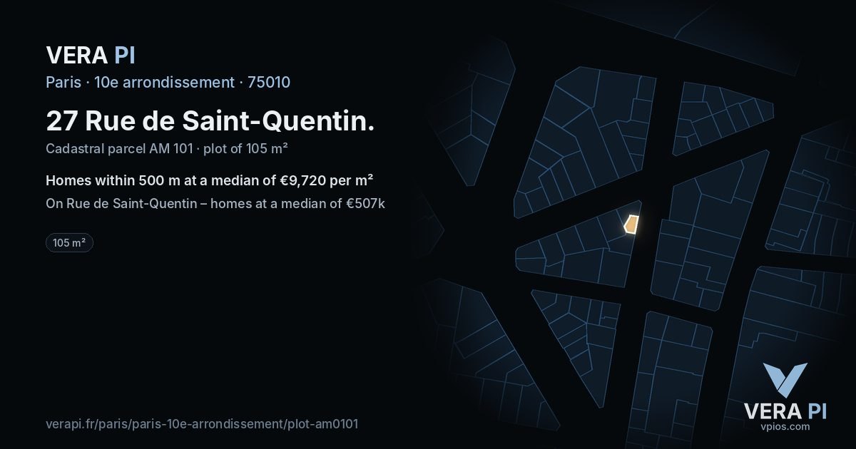 27 Rue de Saint-Quentin, 10e arrondissement at night – the plot lit, the parcels around coloured by the prices near them
