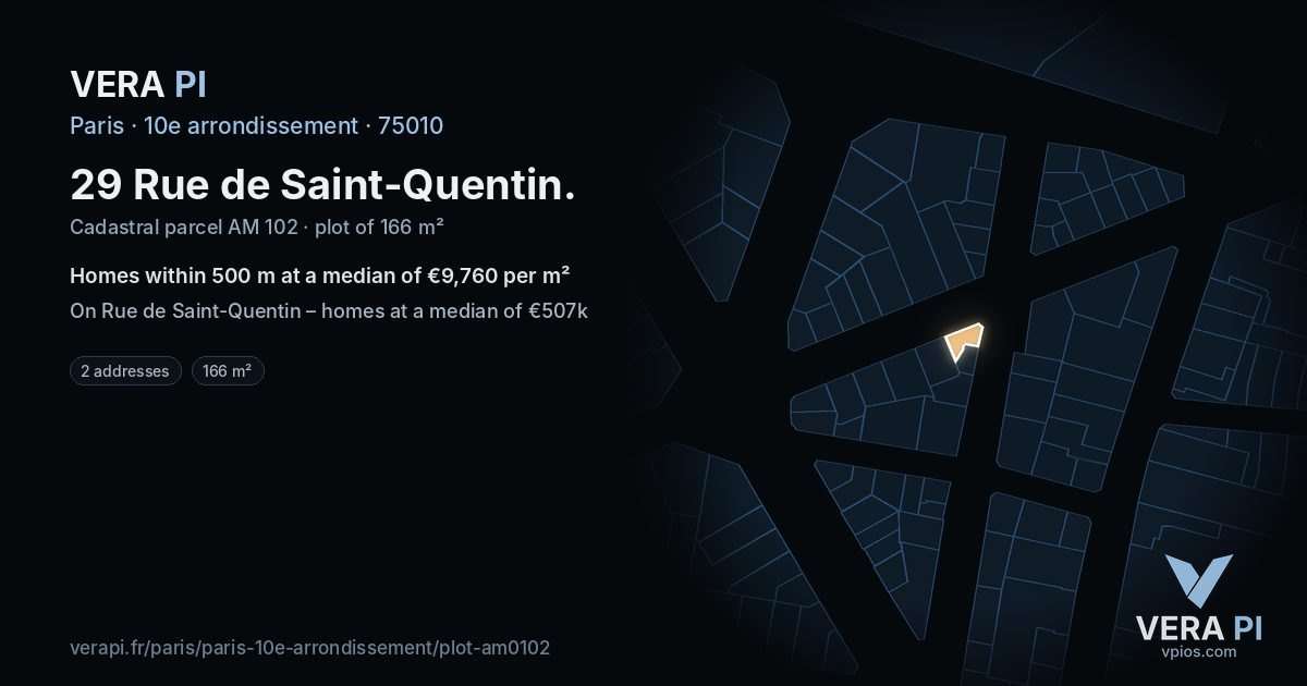 29 Rue de Saint-Quentin, 10e arrondissement at night – the plot lit, the parcels around coloured by the prices near them