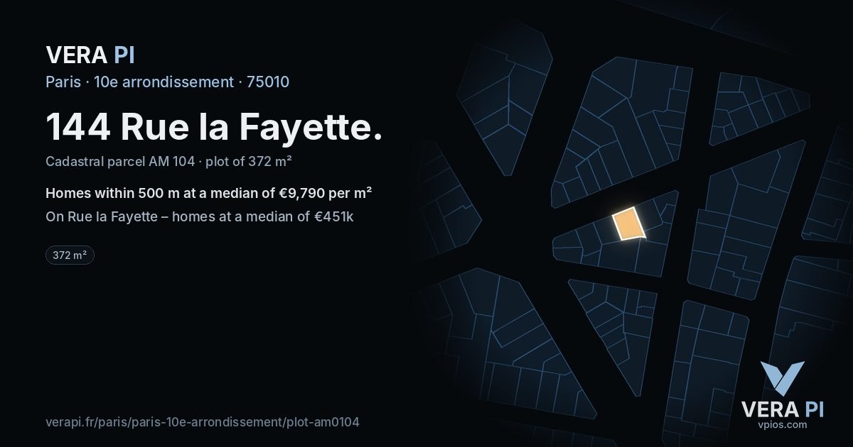 144 Rue la Fayette, 10e arrondissement at night – the plot lit, the parcels around coloured by the prices near them