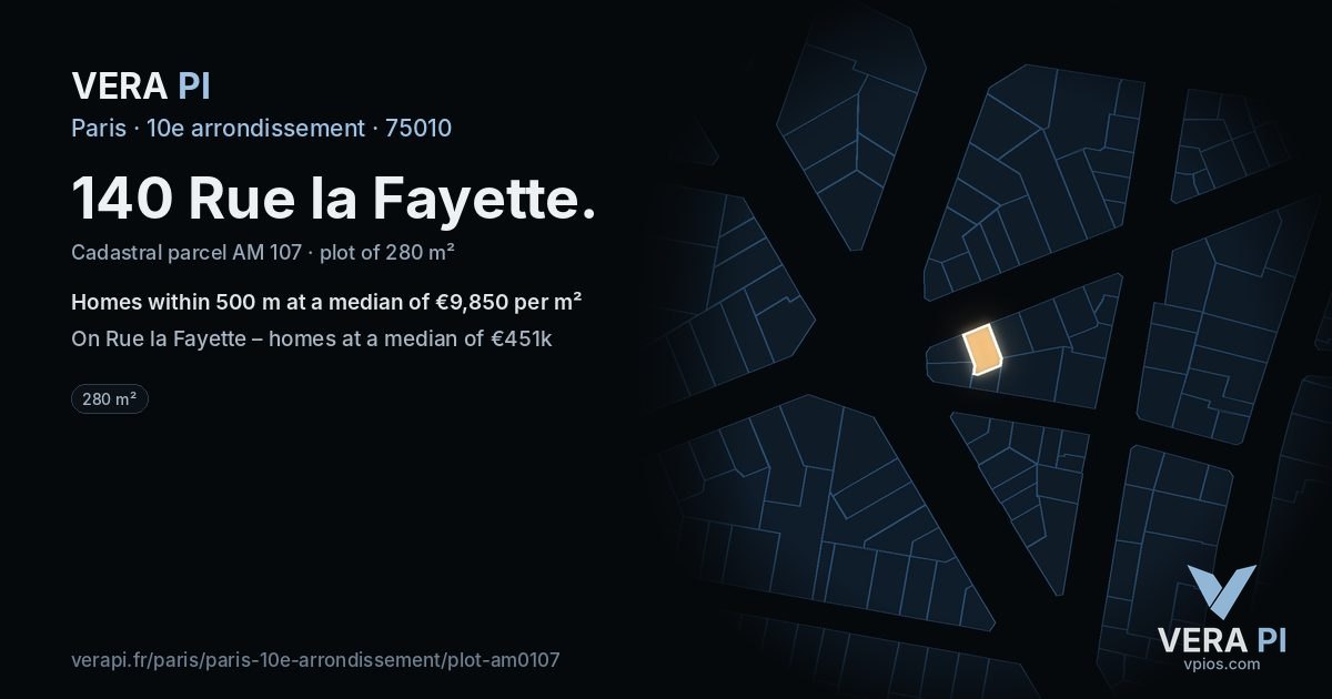 140 Rue la Fayette, 10e arrondissement at night – the plot lit, the parcels around coloured by the prices near them