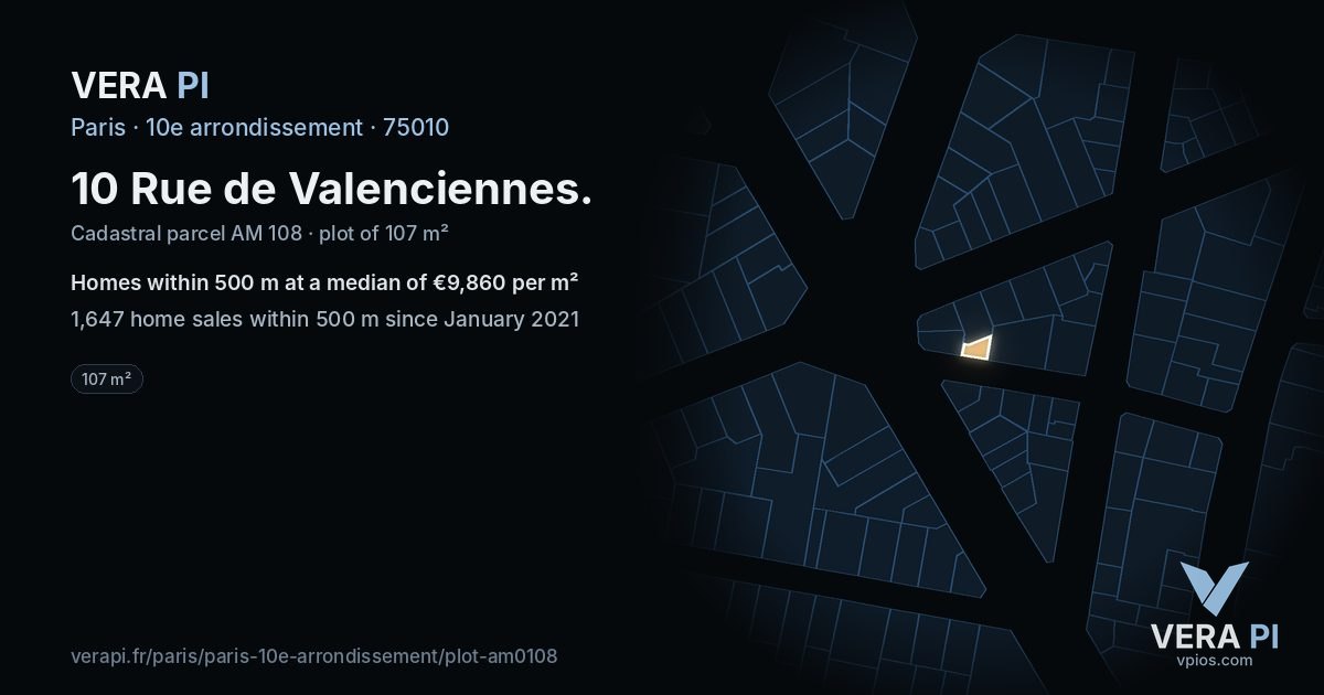 10 Rue de Valenciennes, 10e arrondissement at night – the plot lit, the parcels around coloured by the prices near them