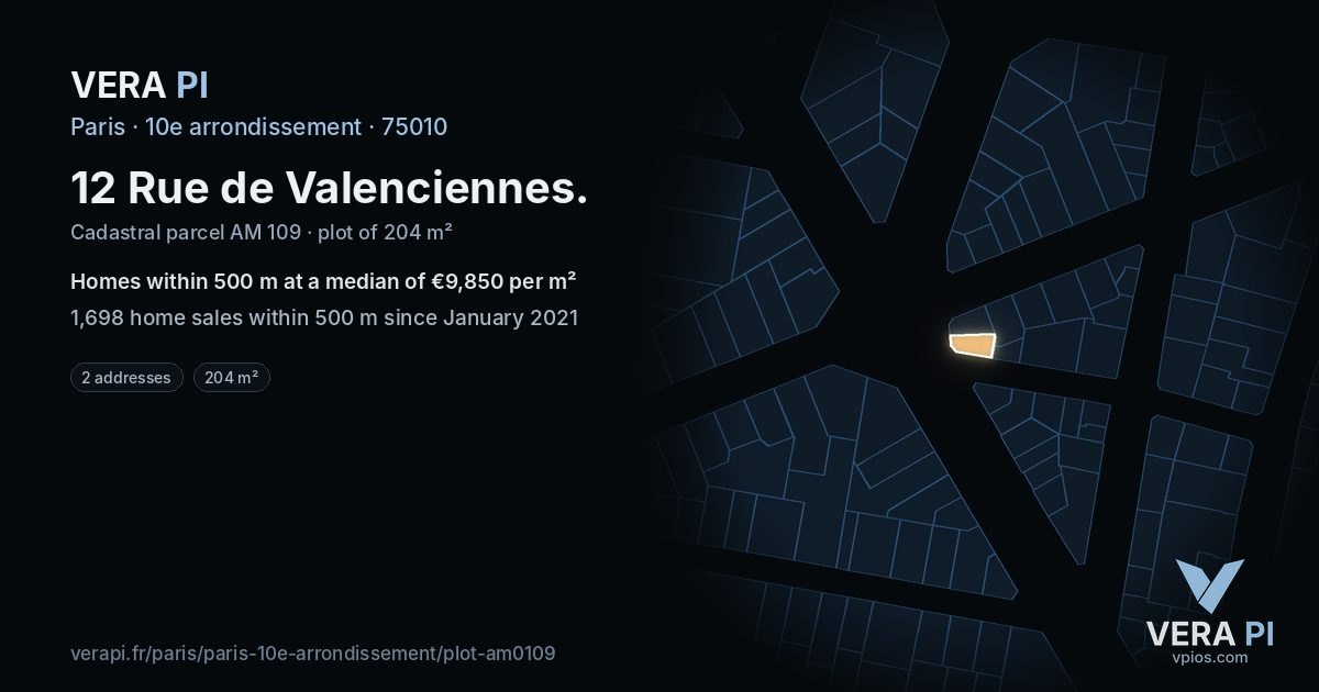 12 Rue de Valenciennes, 10e arrondissement at night – the plot lit, the parcels around coloured by the prices near them