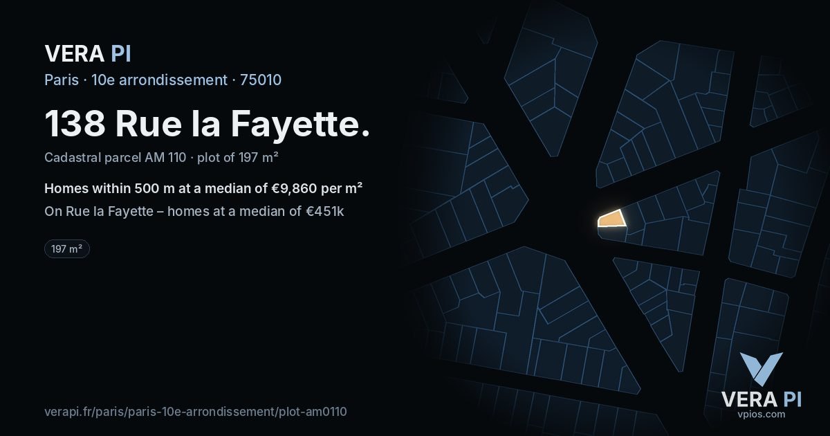 138 Rue la Fayette, 10e arrondissement at night – the plot lit, the parcels around coloured by the prices near them