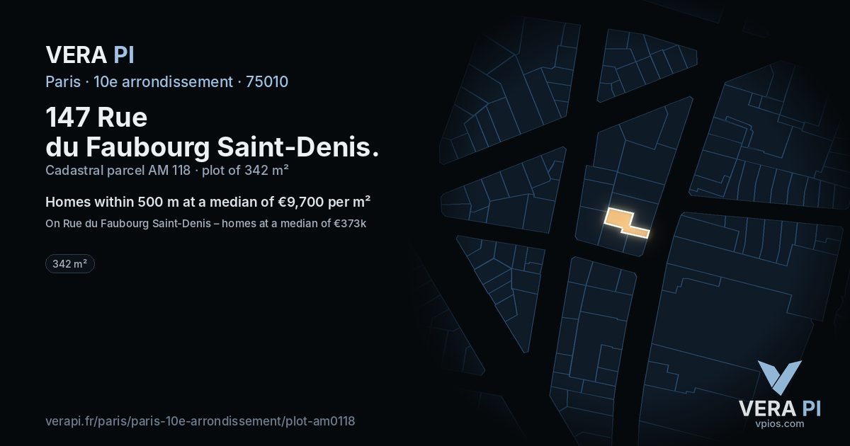 147 Rue du Faubourg Saint-Denis, 10e arrondissement at night – the plot lit, the parcels around coloured by the prices near them