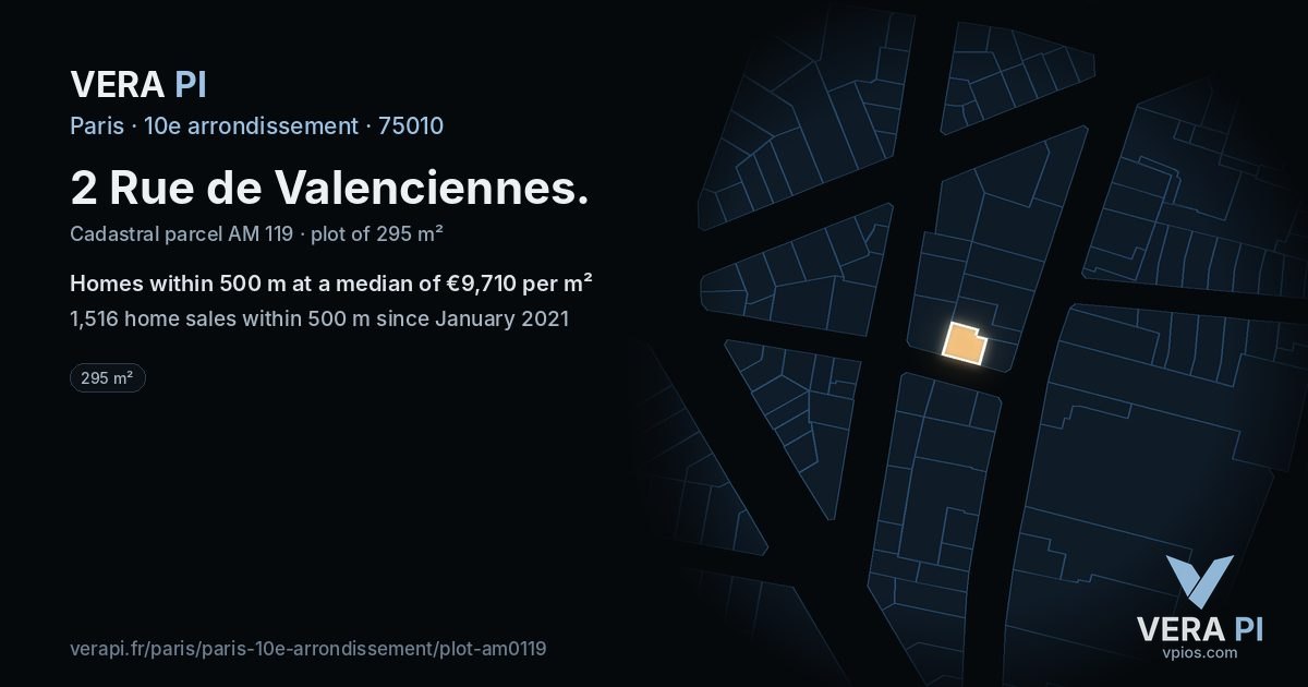 2 Rue de Valenciennes, 10e arrondissement at night – the plot lit, the parcels around coloured by the prices near them