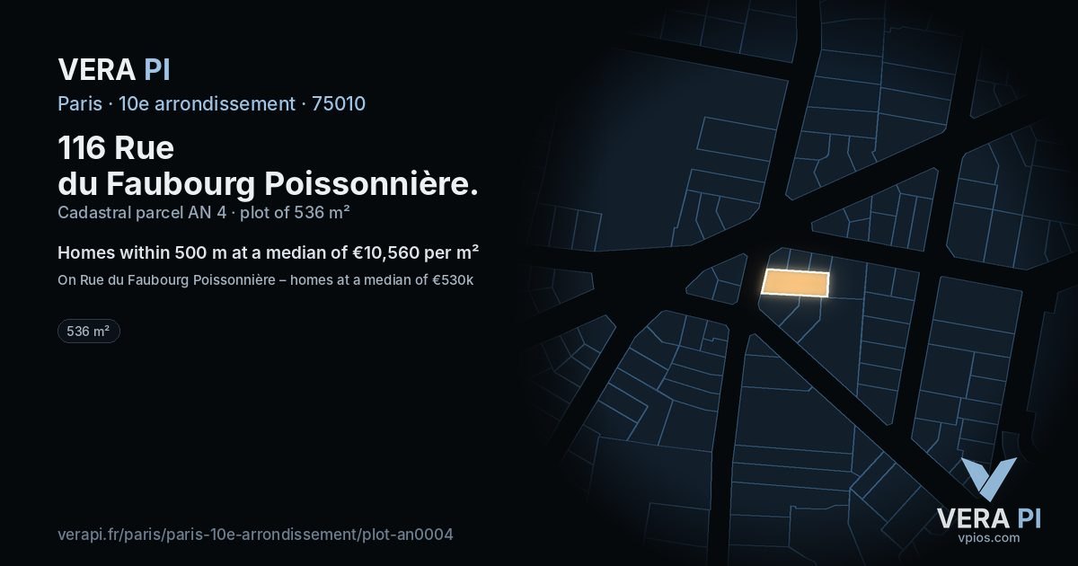116 Rue du Faubourg Poissonnière, 10e arrondissement at night – the plot lit, the parcels around coloured by the prices near them